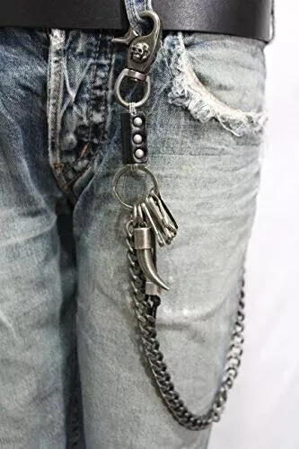 Strong Men Silver Metal Wallet Chain KeyChain Biker Horn Charm Jeans Money Clasp