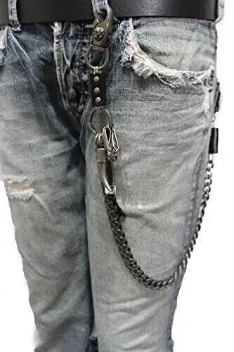 Strong Men Silver Metal Wallet Chain KeyChain Biker Horn Charm Jeans Money Clasp