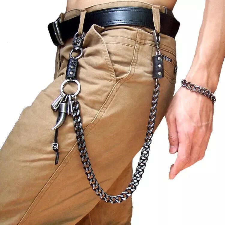 Strong Men Silver Metal Wallet Chain KeyChain Biker Horn Charm Jeans Money Clasp