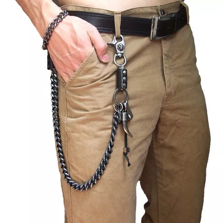 Strong Men Silver Metal Wallet Chain KeyChain Biker Horn Charm Jeans Money Clasp