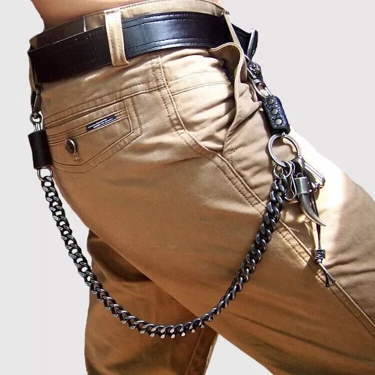 Strong Men Silver Metal Wallet Chain KeyChain Biker Horn Charm Jeans Money Clasp
