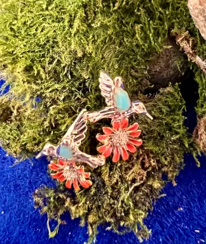 Teal Winged Bird with Orange Flower