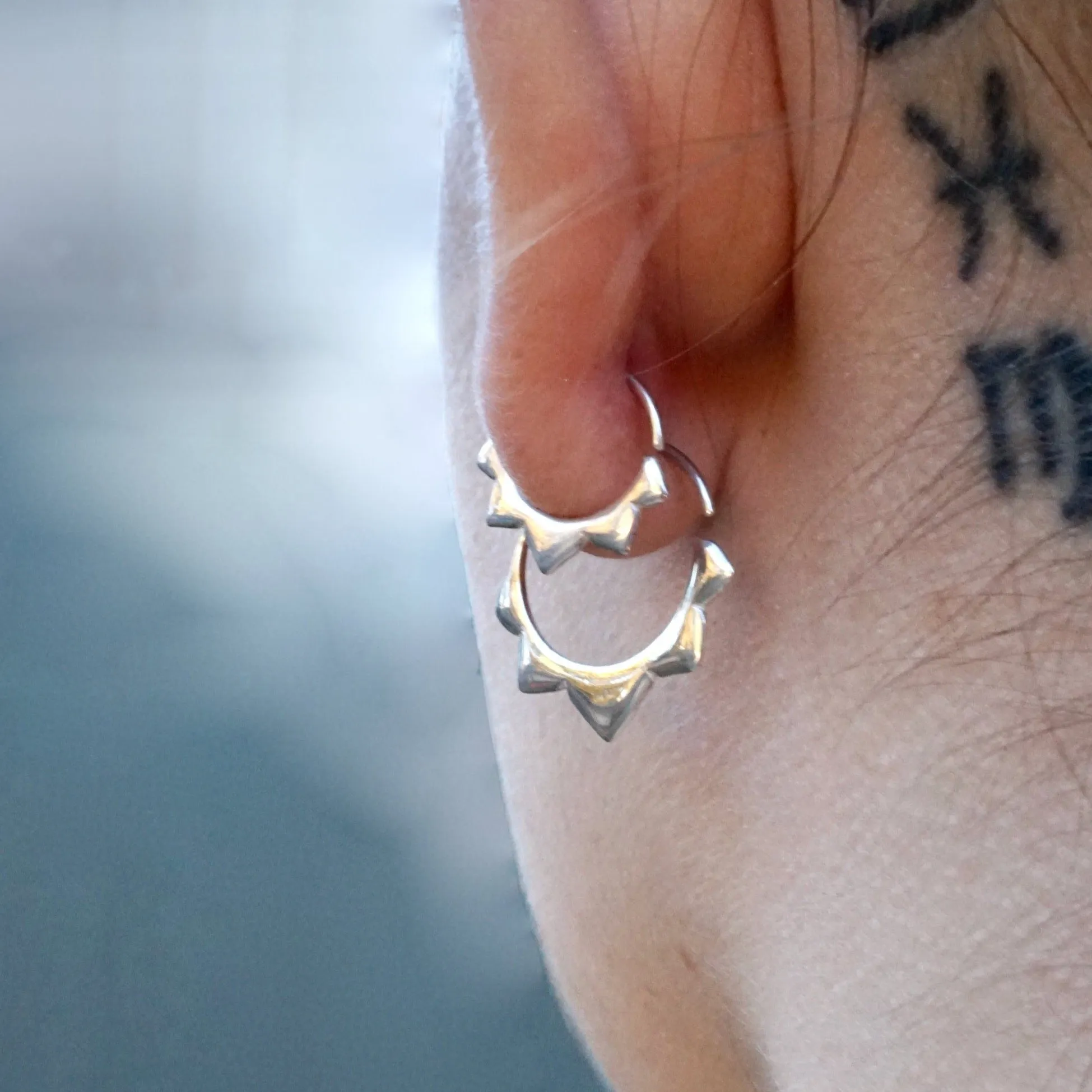 Tiny Sunflower 9mm Petal Sleeper Hoops - Cartilage, helix, daith, septum piercing - Artisan Brass w/ Silver Hoops (278B)