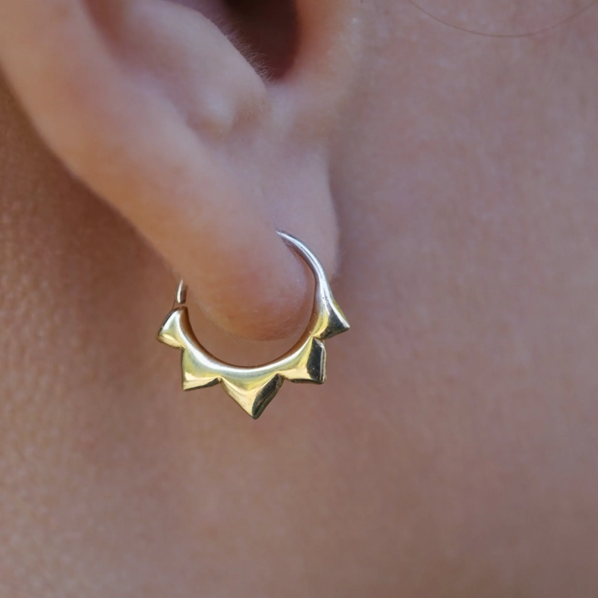Tiny Sunflower 9mm Petal Sleeper Hoops - Cartilage, helix, daith, septum piercing - Artisan Brass w/ Silver Hoops (278B)