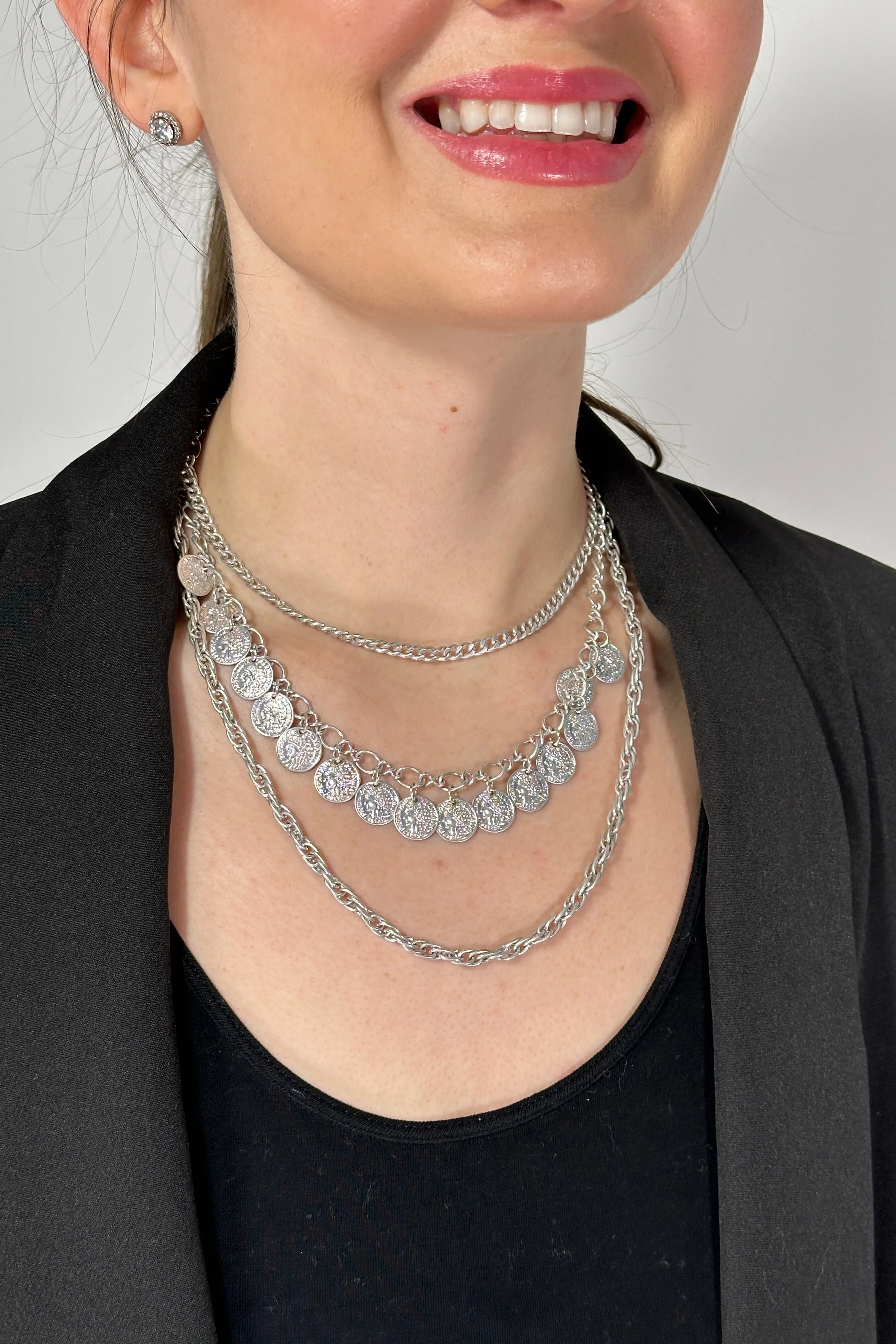 Triple Chain Necklace Coins Silver