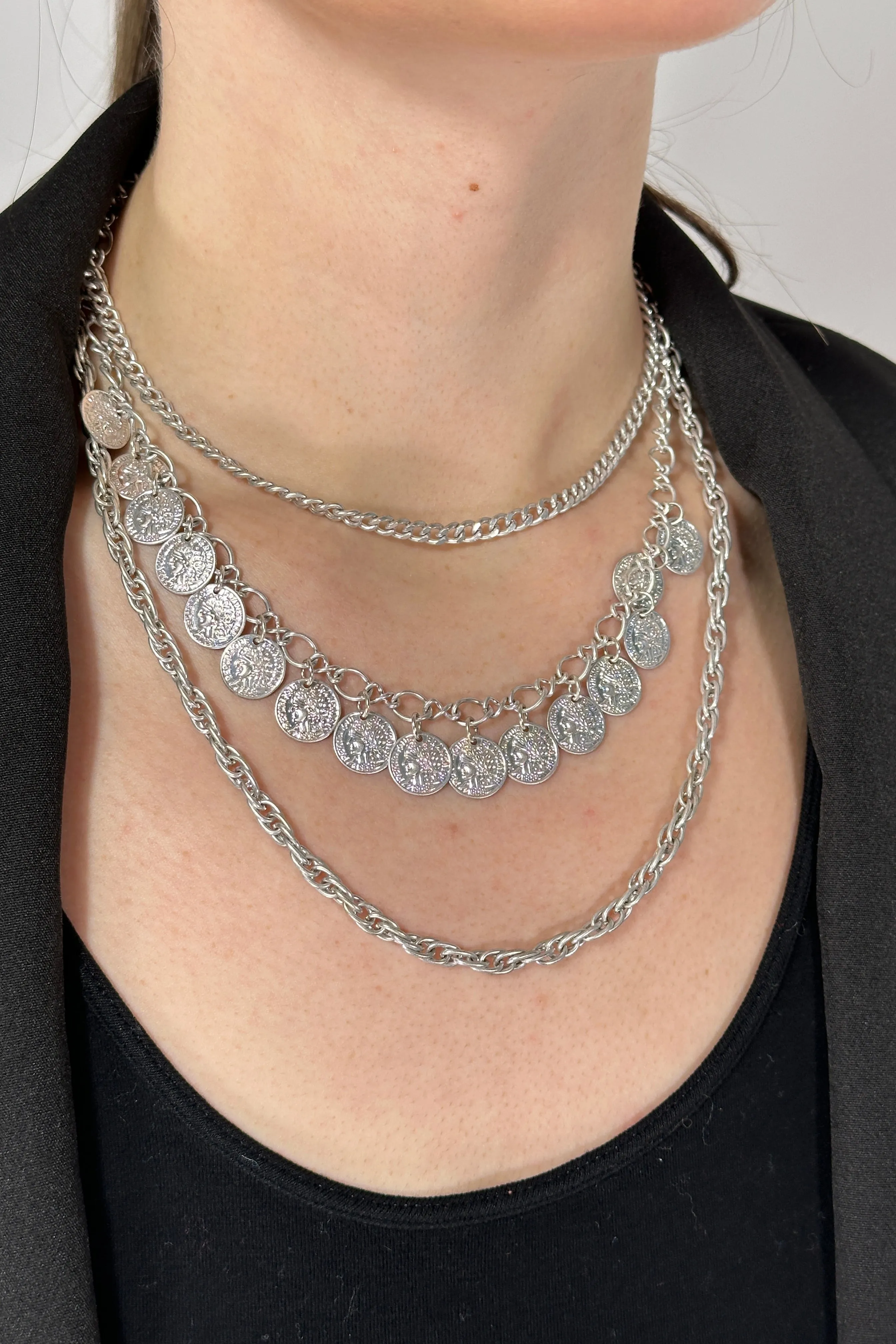 Triple Chain Necklace Coins Silver