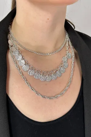 Triple Chain Necklace Coins Silver