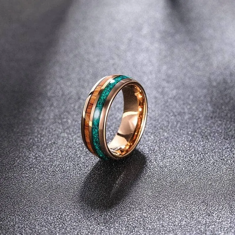 Turquoise & Wood Beveled Men's Tungsten Carbide Wedding Band