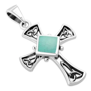 Turquoise Celtic Irish Trinity Knot Cross Silver Pendant