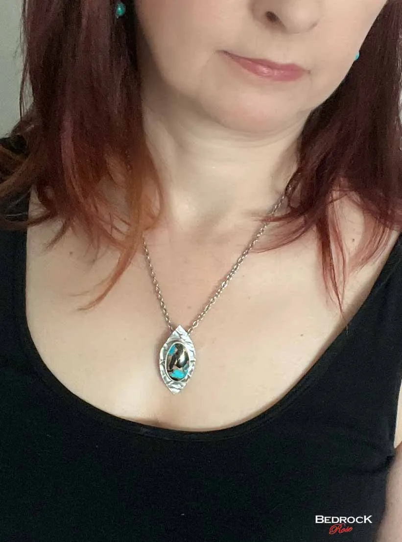 Vibrant Kingman Turquoise, Onyx, and Bronze Pendant