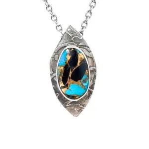 Vibrant Kingman Turquoise, Onyx, and Bronze Pendant