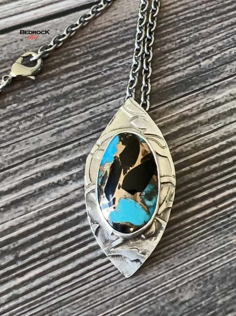 Vibrant Kingman Turquoise, Onyx, and Bronze Pendant