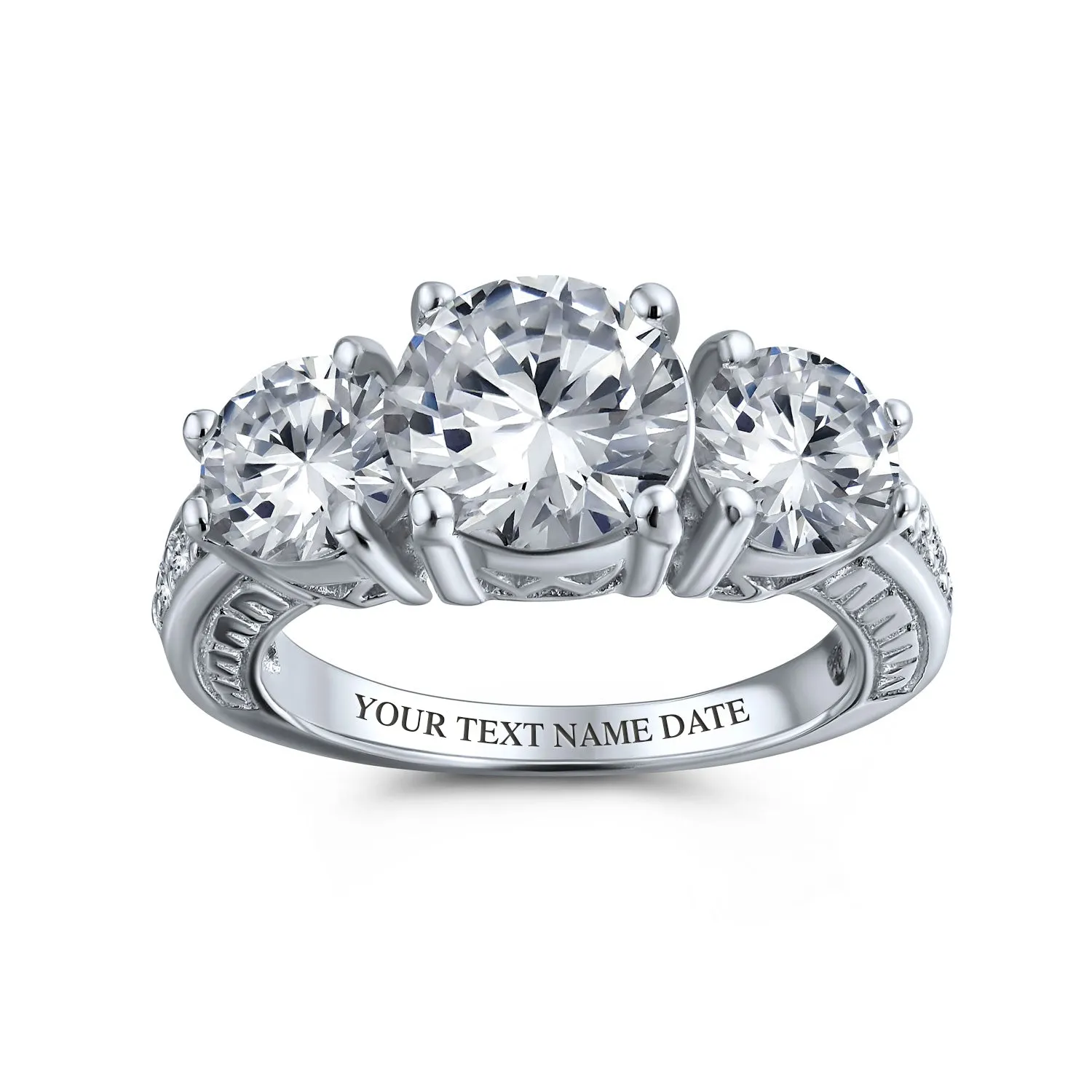 Vintage Milgrain 4 CTW Round Solitaire Three Stone CZ Engagement Ring Silver