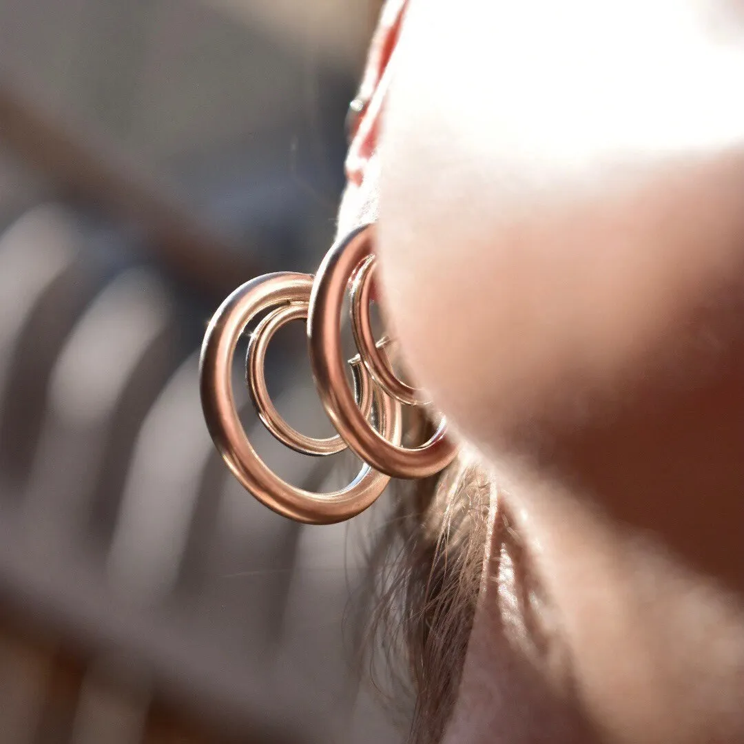 Vintage Modernist Sterling Silver Concentric Hoop Earrings, Double Circle Hoops, Small Hollow Hoops, Space Age, 925 Jewelry, 1