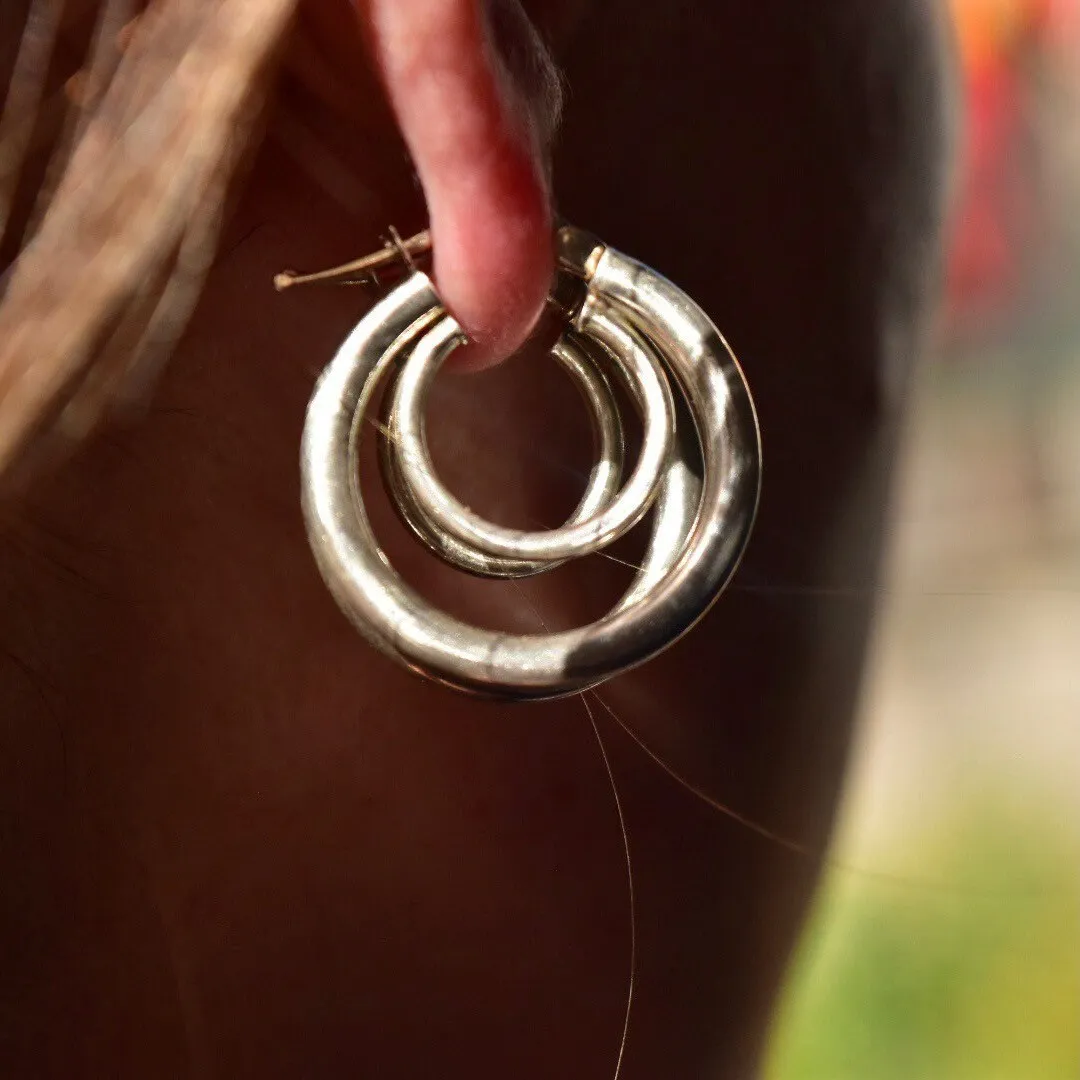 Vintage Modernist Sterling Silver Concentric Hoop Earrings, Double Circle Hoops, Small Hollow Hoops, Space Age, 925 Jewelry, 1