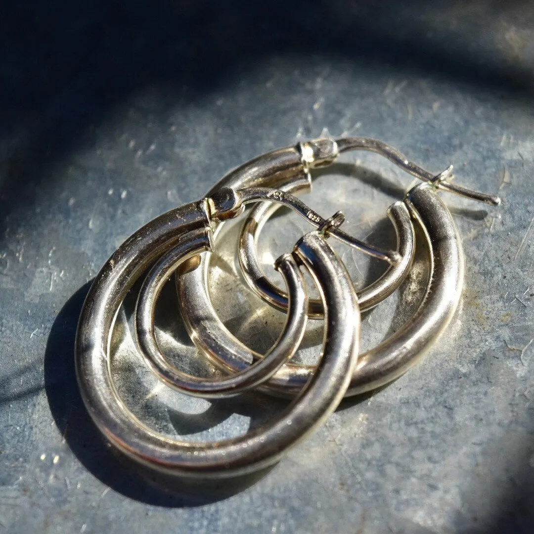 Vintage Modernist Sterling Silver Concentric Hoop Earrings, Double Circle Hoops, Small Hollow Hoops, Space Age, 925 Jewelry, 1