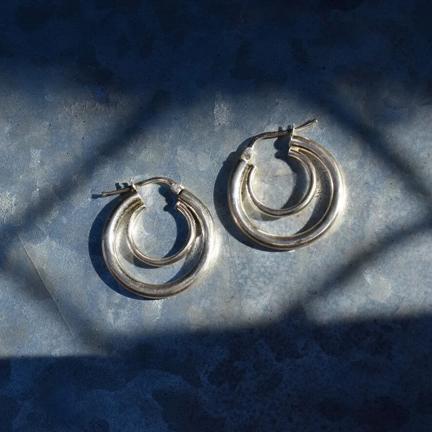 Vintage Modernist Sterling Silver Concentric Hoop Earrings, Double Circle Hoops, Small Hollow Hoops, Space Age, 925 Jewelry, 1