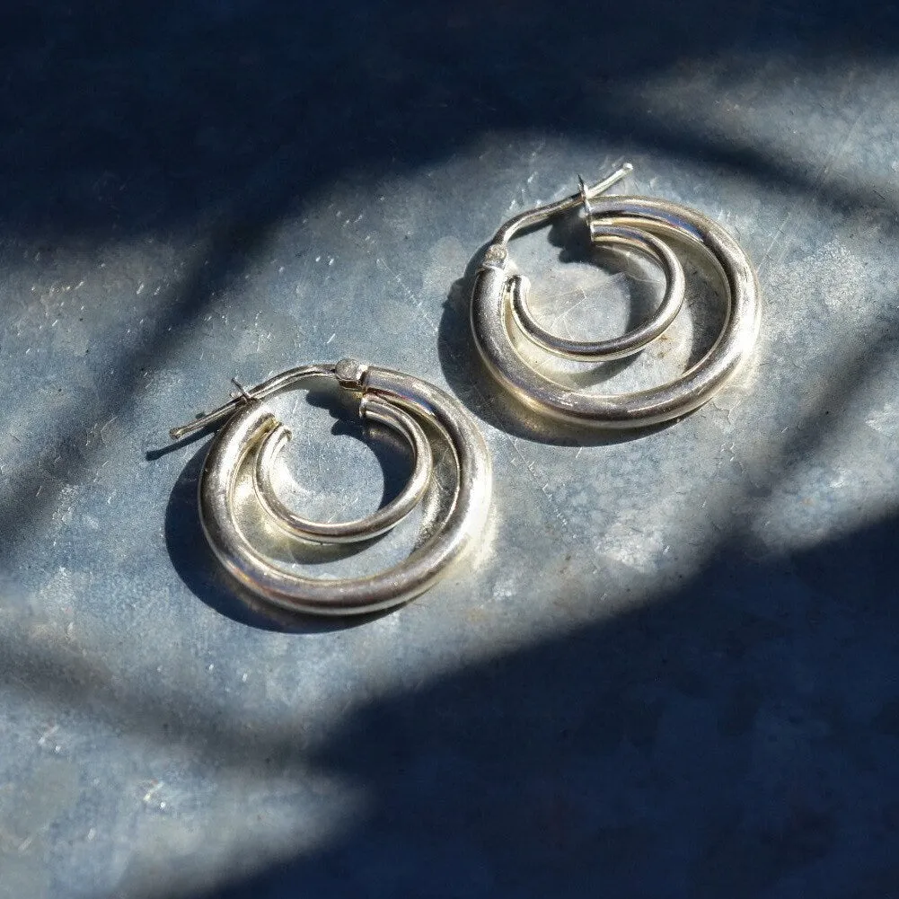 Vintage Modernist Sterling Silver Concentric Hoop Earrings, Double Circle Hoops, Small Hollow Hoops, Space Age, 925 Jewelry, 1
