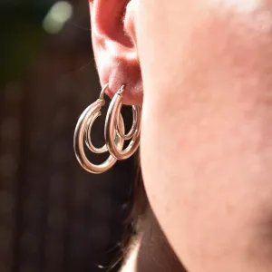 Vintage Modernist Sterling Silver Concentric Hoop Earrings, Double Circle Hoops, Small Hollow Hoops, Space Age, 925 Jewelry, 1