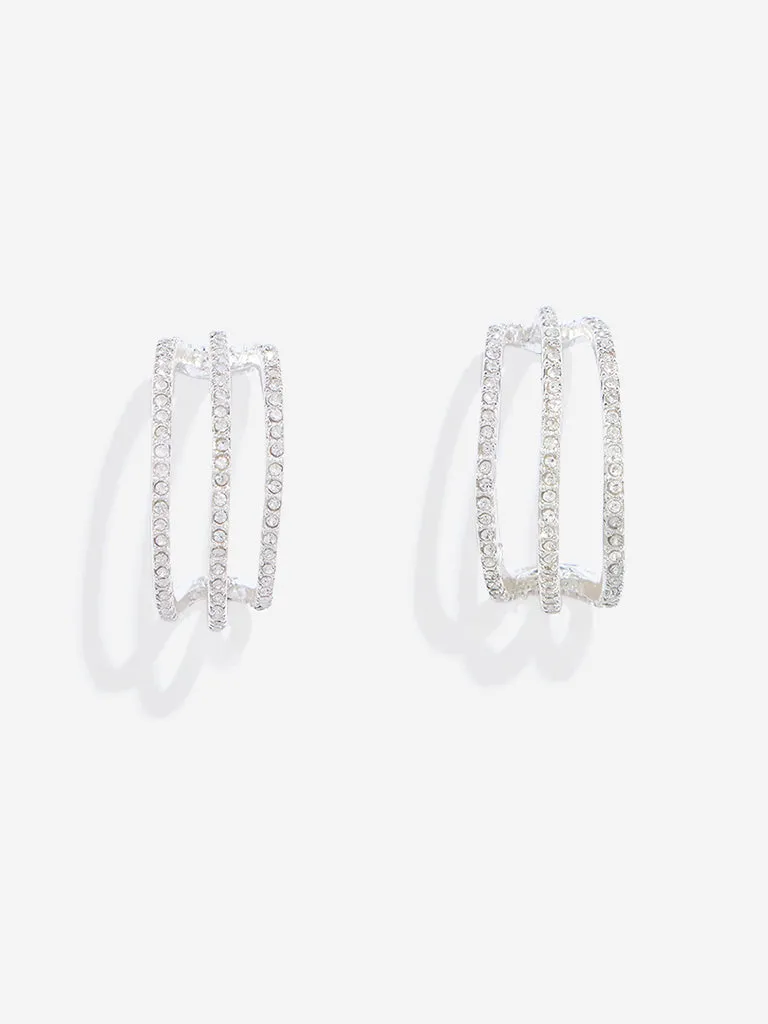 Westside Accessories Silver Three Lines Studded Hoops Earrings