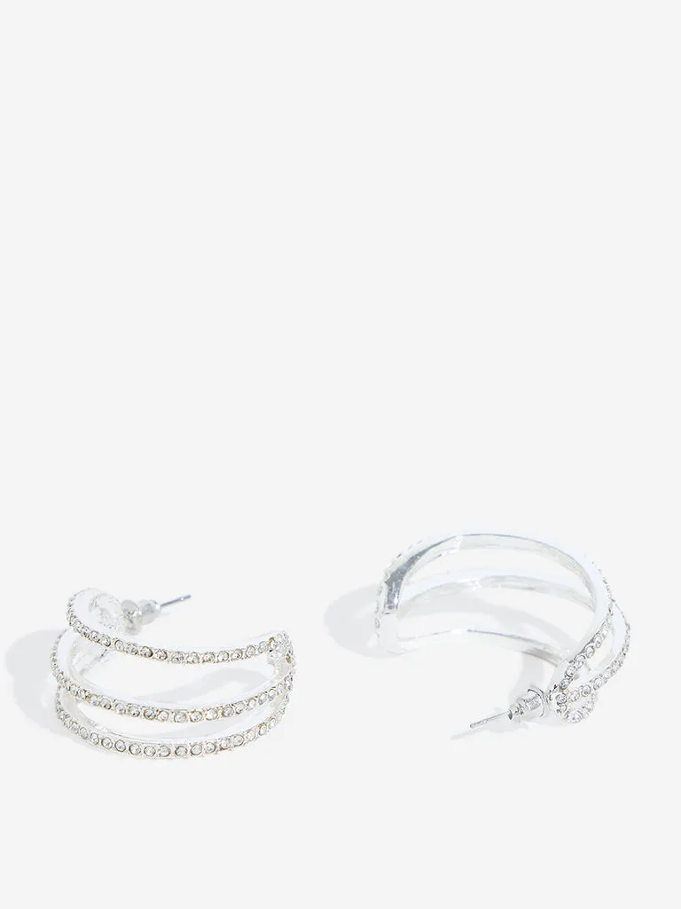 Westside Accessories Silver Three Lines Studded Hoops Earrings