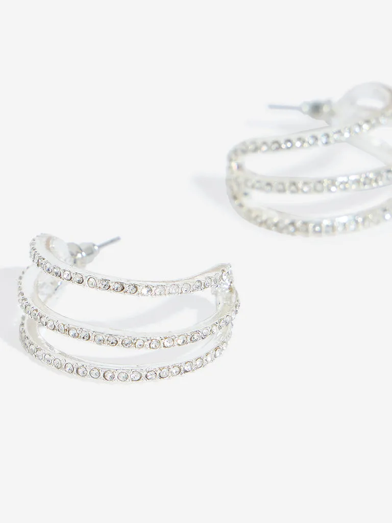 Westside Accessories Silver Three Lines Studded Hoops Earrings