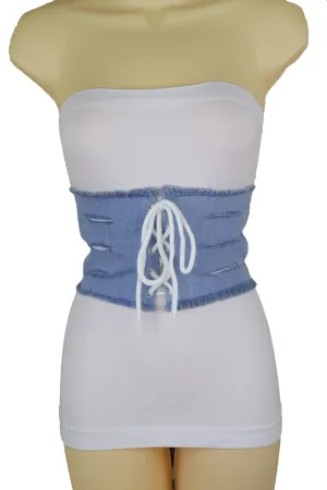 Wide White Front Tie Corset Light Blue Denim Color Jeans Fabric Fashion Belt Fit Size S