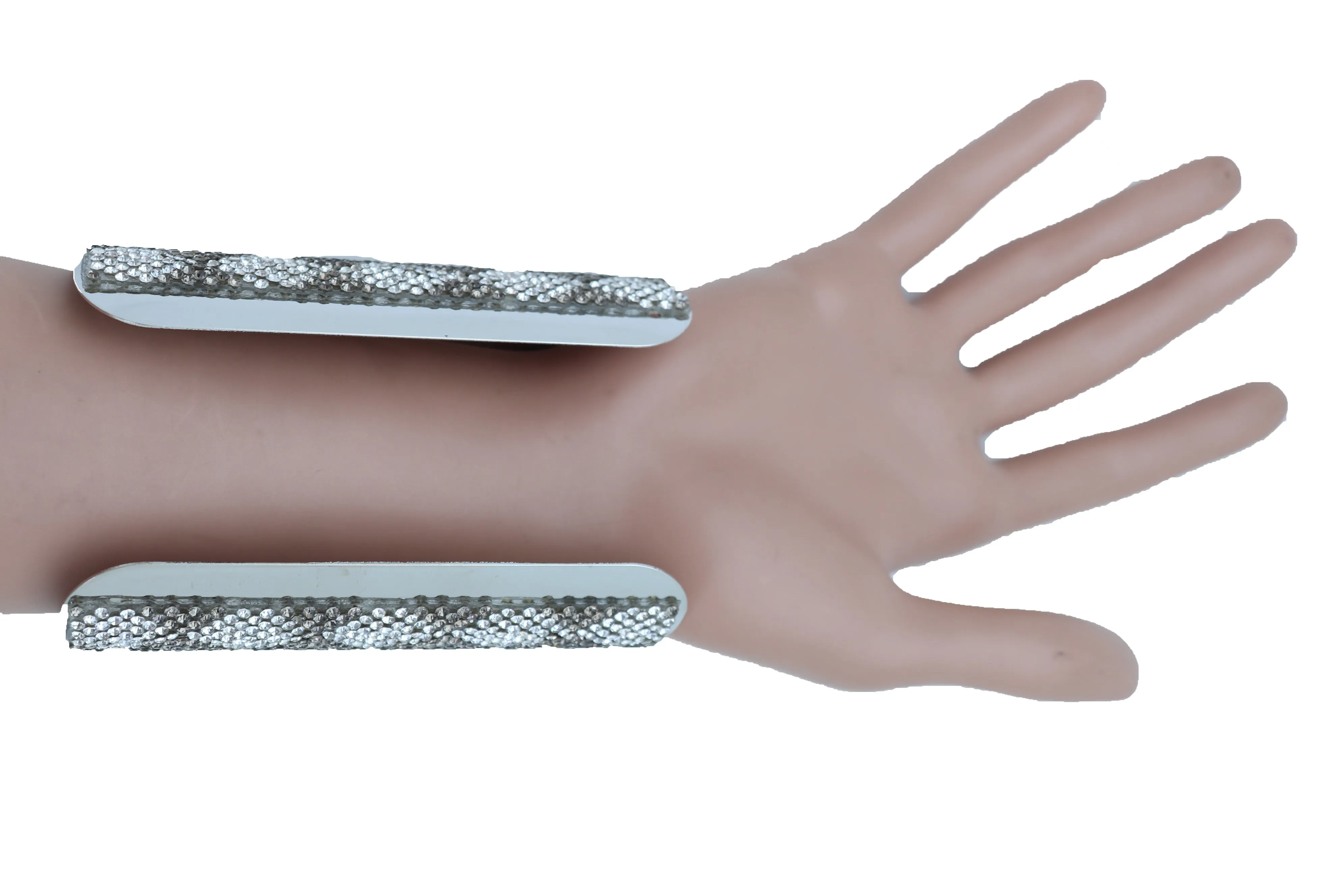 Women Long Cuff Bracelet Silver Metal Geometric Square Bling One Size