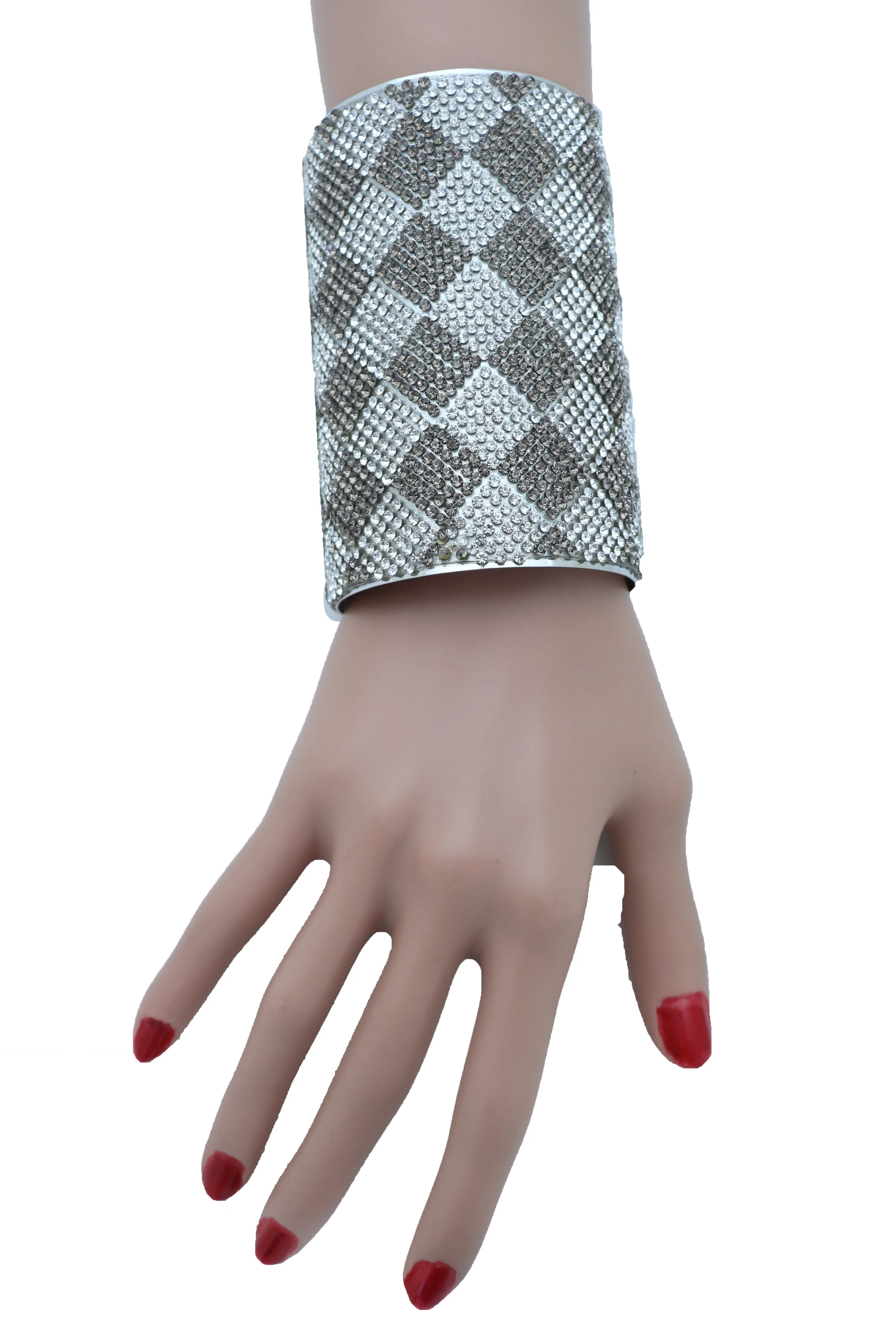 Women Long Cuff Bracelet Silver Metal Geometric Square Bling One Size