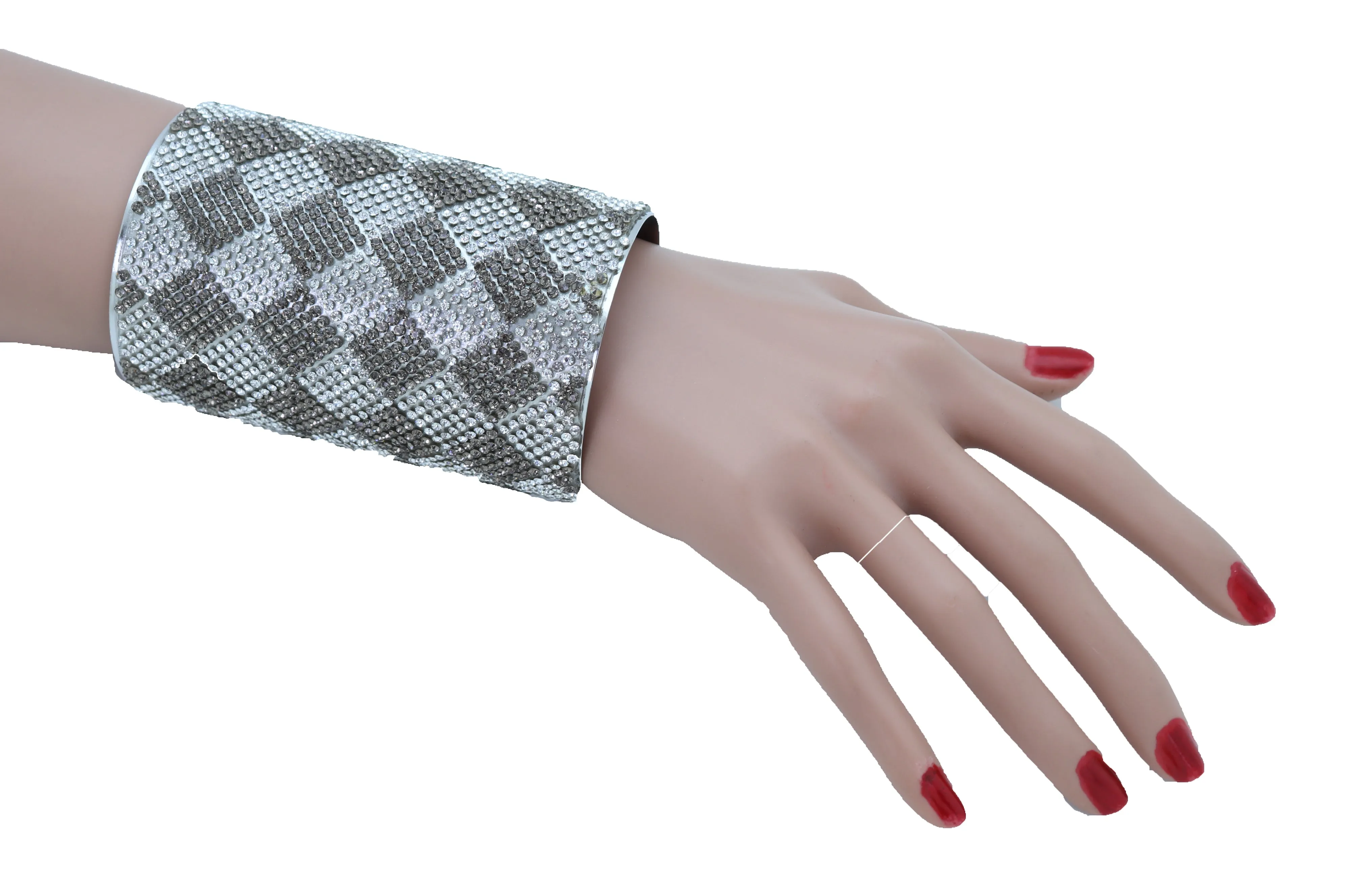 Women Long Cuff Bracelet Silver Metal Geometric Square Bling One Size