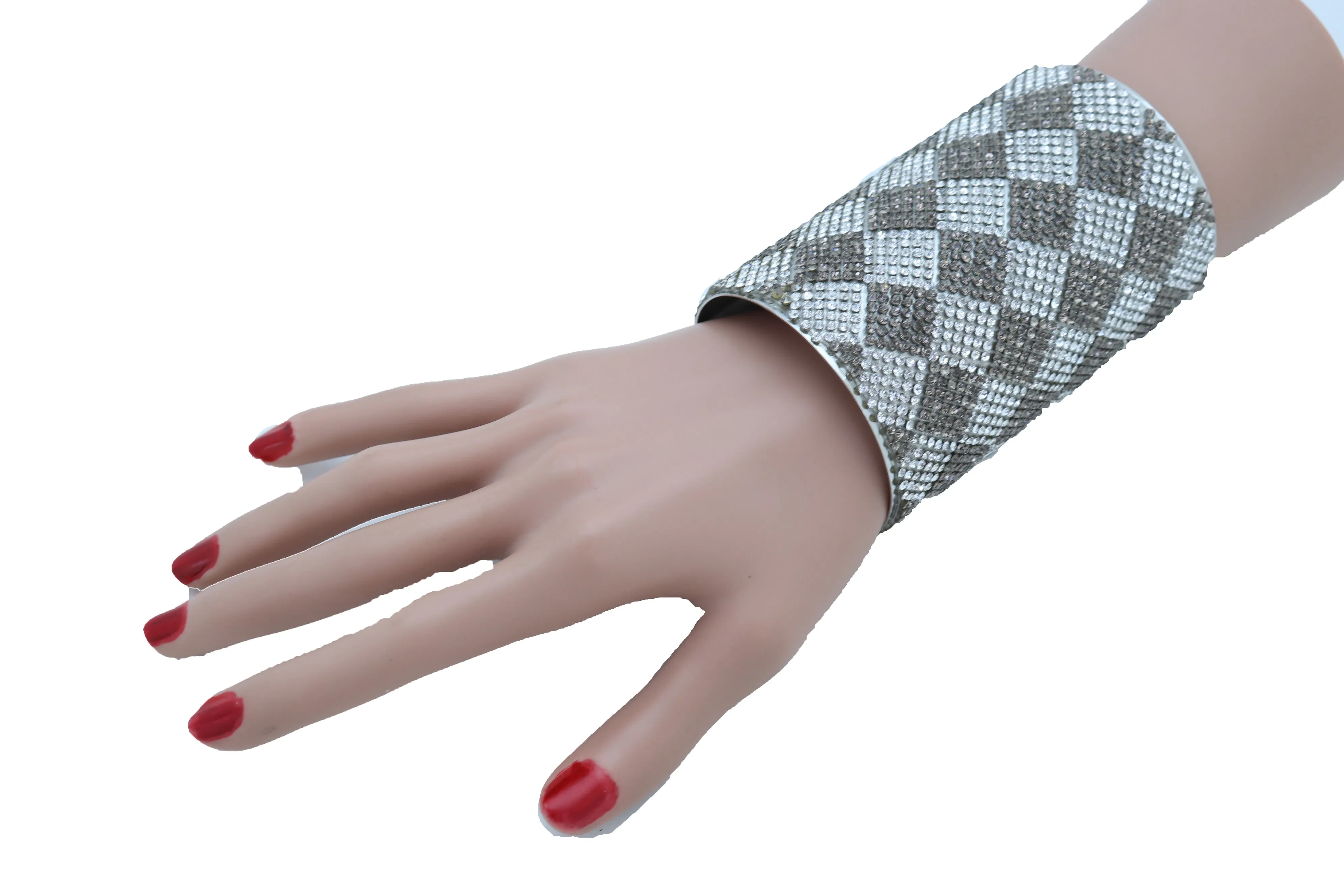 Women Long Cuff Bracelet Silver Metal Geometric Square Bling One Size