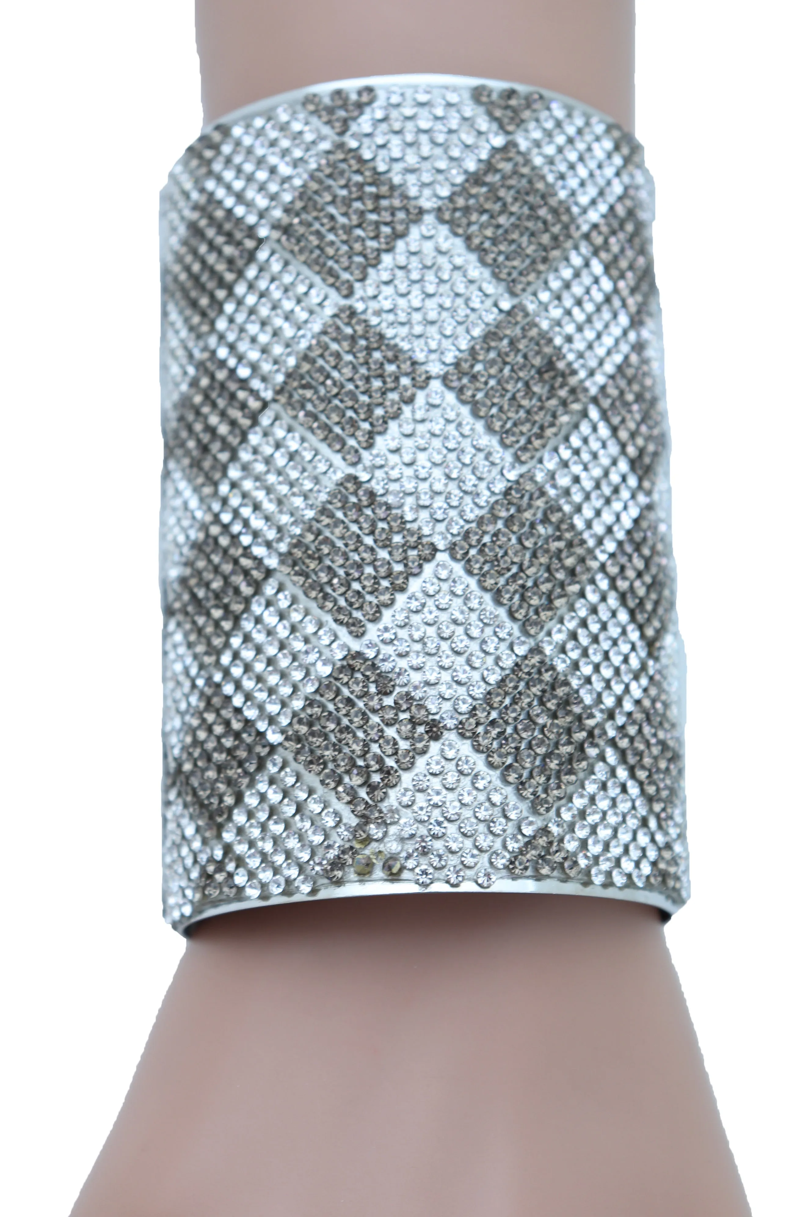 Women Long Cuff Bracelet Silver Metal Geometric Square Bling One Size